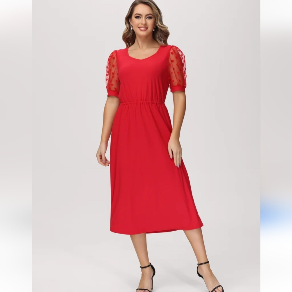 89th & Madison NWT Red Heart Print Puff Sleeve Midi Dress Women's Size S